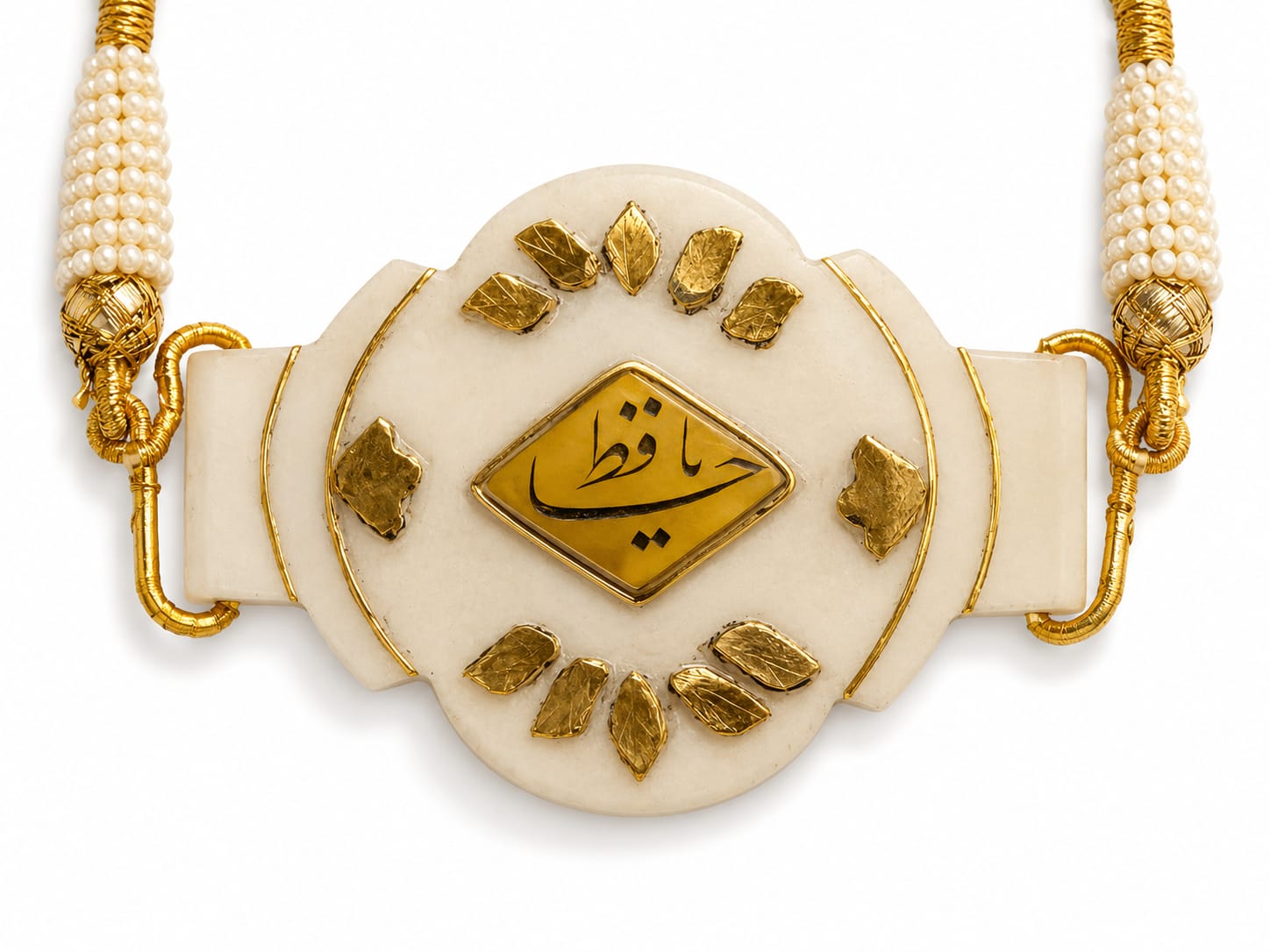 Mughal handmade islamic jade stone pendant studded with gold precious stone